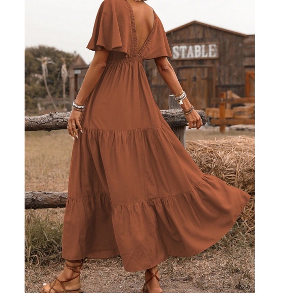 Boho V neck Butterfly Sleeve Stretchy Waist Maxi Dress - Picture 8 of 11